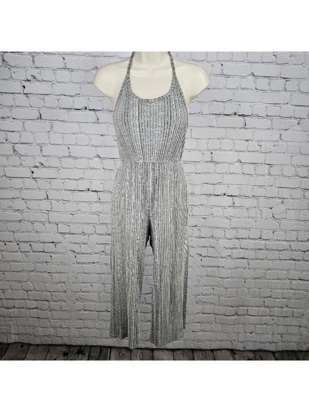 Urban Outfitters Grey Ribbed Halter Tie Stretch Cropped Wide Leg Jumper XS
